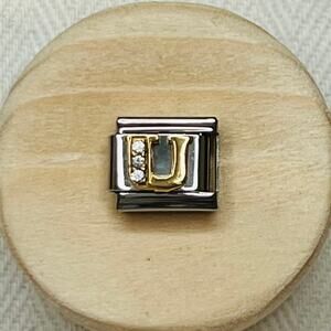 Gold Diamond Letter U Italian Charm Bracelet Link